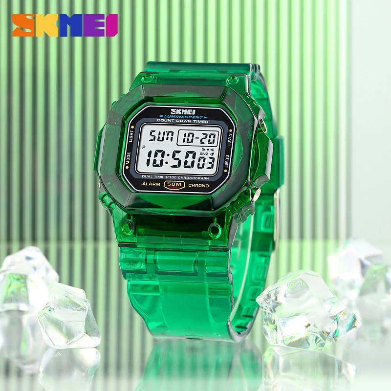 SKMEI New Multifunctional  2 Time Count Down Women Digital Watches Transparent PU Strap Lady Wristwatch Shockproof reloj mujer