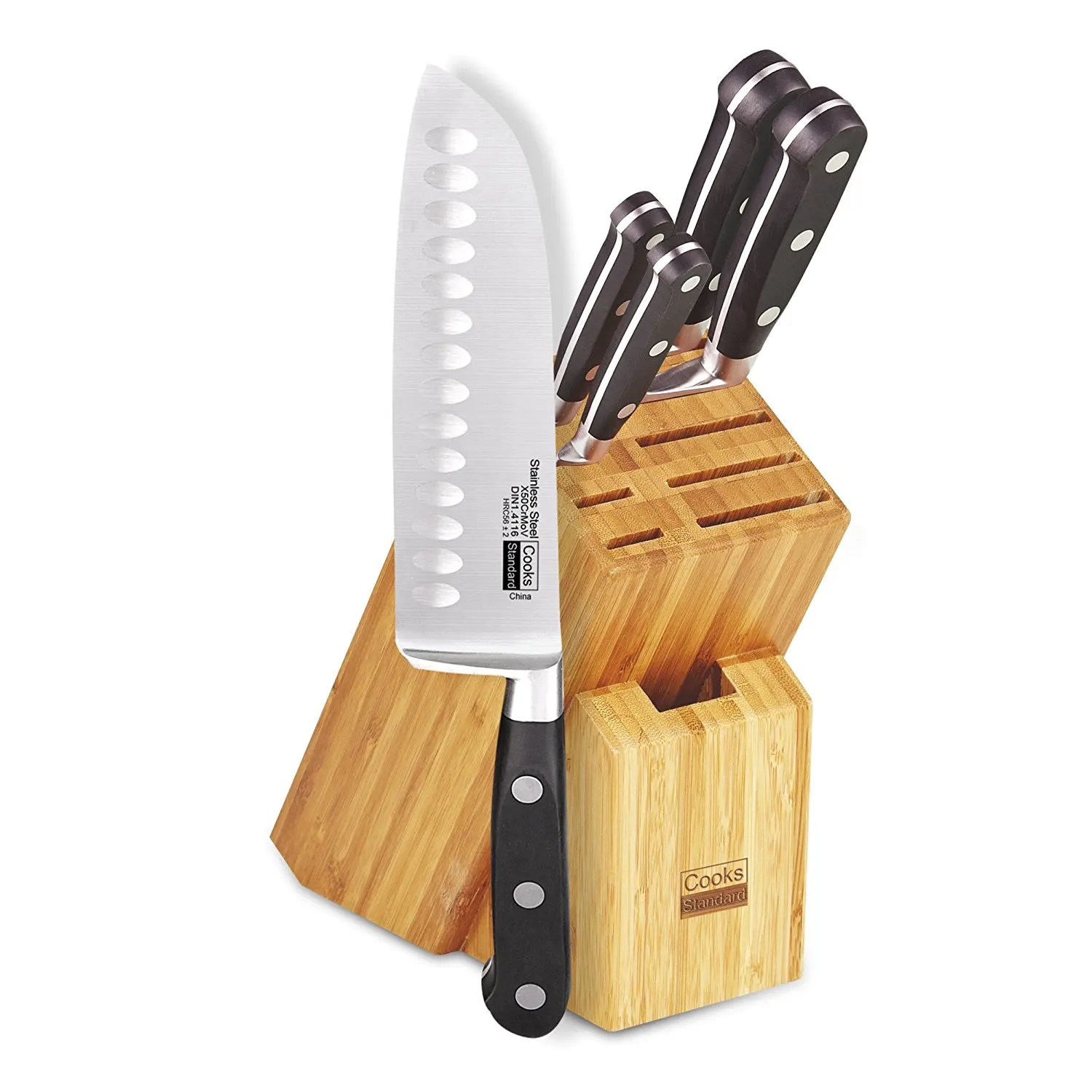 

6-Piece Stainless Steel Knife Set with Expandable Bamboo Block for Extra Slots