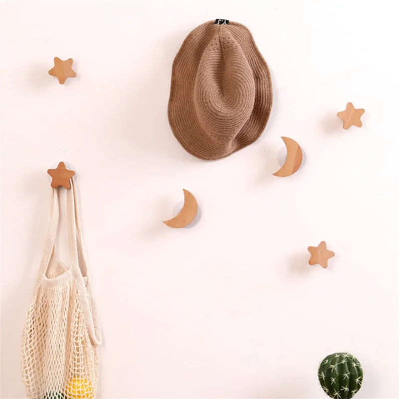 

New Decorative Moon Hook Wood Wall Hook Star Key Hook Modern Creative Coat Hook Rack Wall Hanger Bag Hook Hanging Door Handle