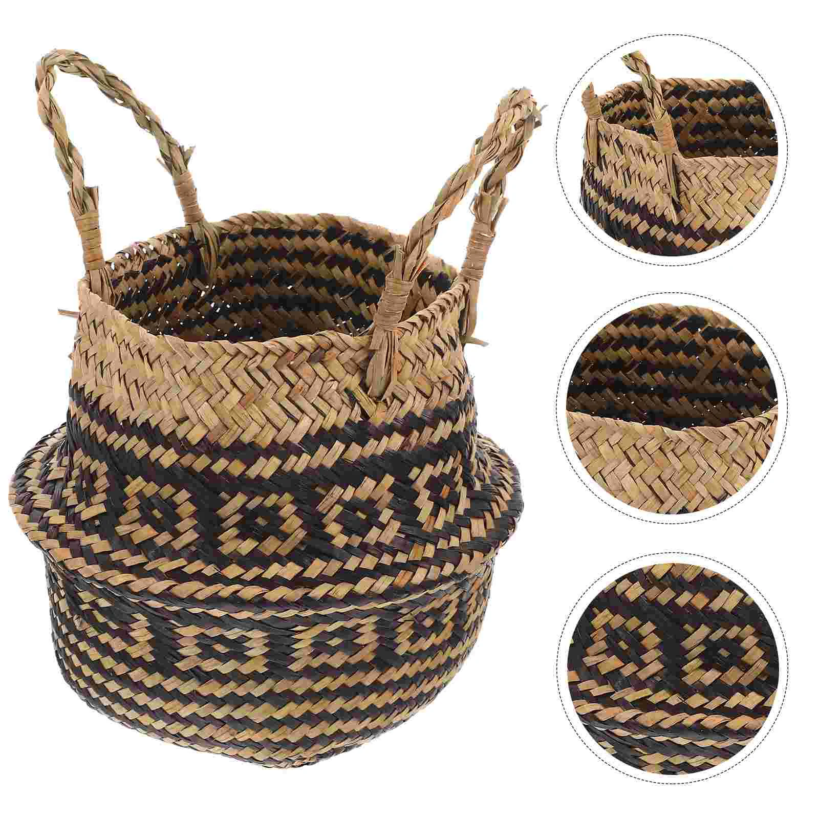 

Basket Woven Grass Belly Basket Pot Storage Basket Picnic Handled Basket
