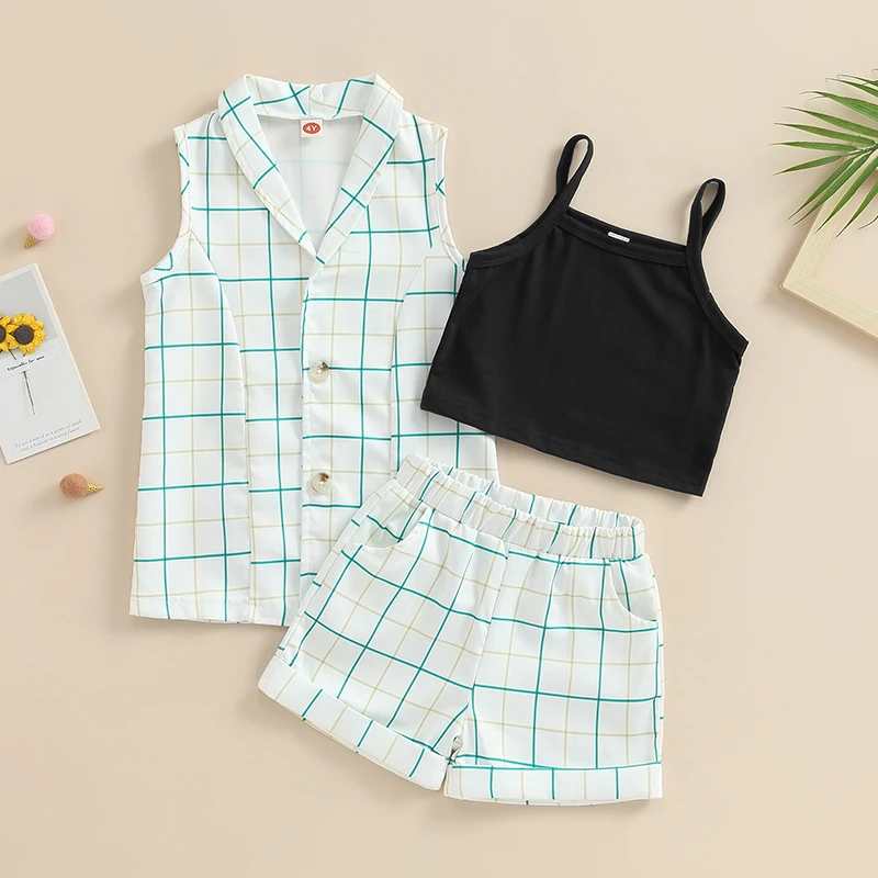 

3-7Y Kids Girls Summer Clothes Sets Cami Tank Tops Plaid Turn-Down Collar Waistcoat Elastic Waist Shorts 3Pcs Fashion Outfits