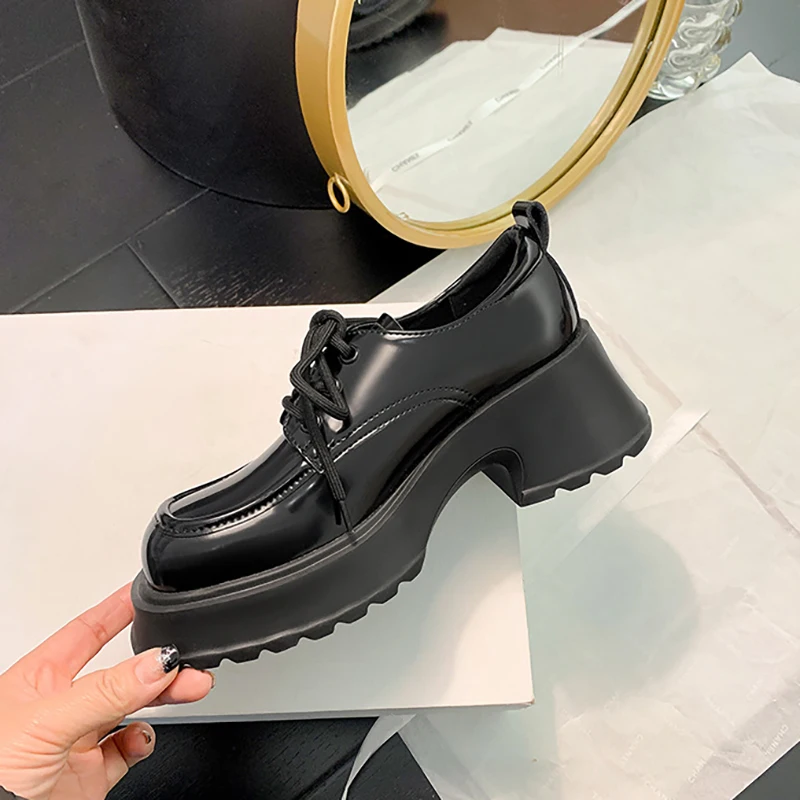 Fashion Design Platform Shoes Women Black Chunky High Heel Lace Up Casual Shoes Spring Autumn British Style Loafers Shoes Woman