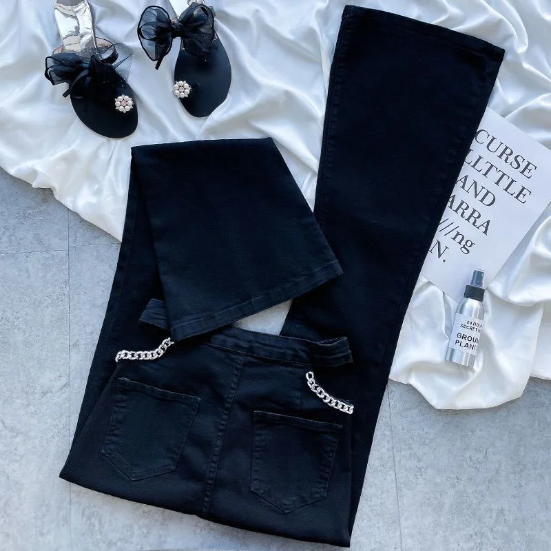 Straight Full Pants Women's Black Sexy Jeans High Waist Denim Women Skinny Hollow out Black Chain Pant Plus Size Show Hip Waist