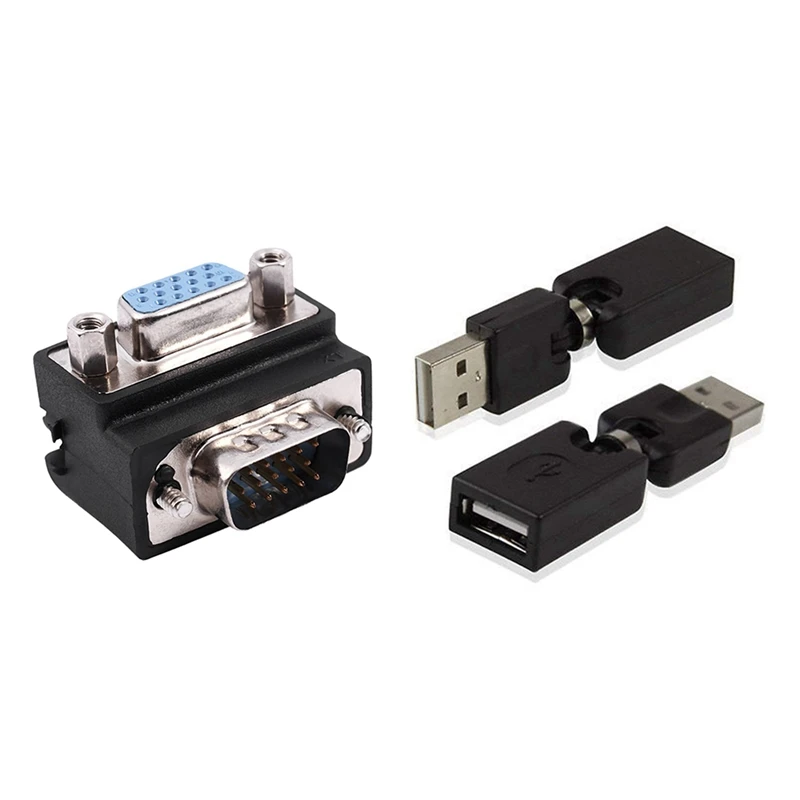 

HFES 1X 15-Pin VGA Male To Female M/F Right Angle Adapter & 2X USB 2.0 Type A Male To Type A Female Angle Extension Adapter