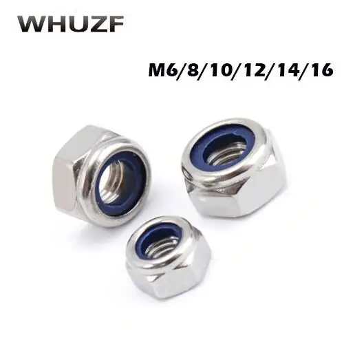 

WHUZF 50/100pcs DIN985 M6 M8 M10 M12 M14 M16 304 Stainless Steel Insert Hex Lock Nuts A2 Hexagon Nyloc Self Locking Nut