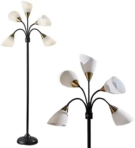 

Multi-White Shade Floor Lamp, Adjustable Gooseneck Arms, Silver