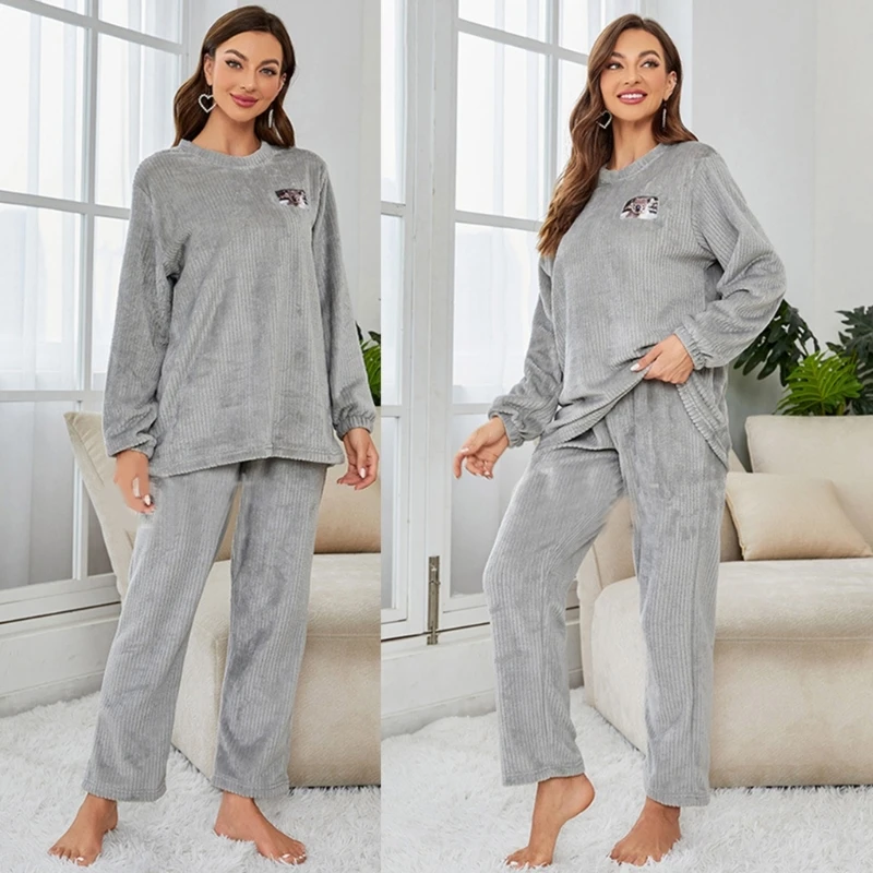 

L93F Women Coral Fleece Pajamas Set Long Sleeve Pullover Top and Pants,PJ Set