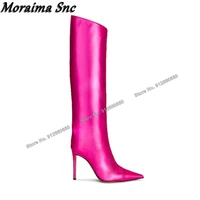 moraima snc pink solid side zipper boots for women knee high boots laser pointed toe stilettos high heels runway shoes on heels