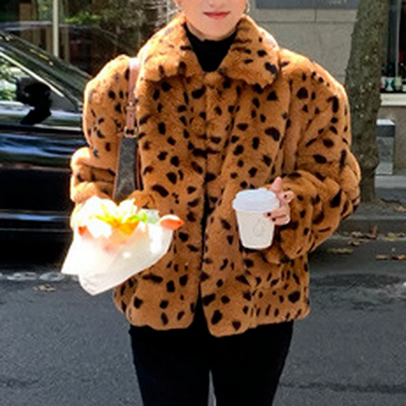 Harajuku Plush Winter Clothes New Faux Fur Leopard Print Fur Coat Fur One Female Furry Cardigan Coat Lamb Hair Fur Jacket Women