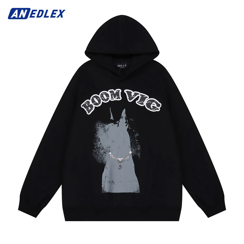 

Men Hip Hop Fashion Hoodie Sweatshirt Streetwear Letter Dog Graphic Printed Hooded Pullover Harajuku Cotton Casual Loose Hoodie