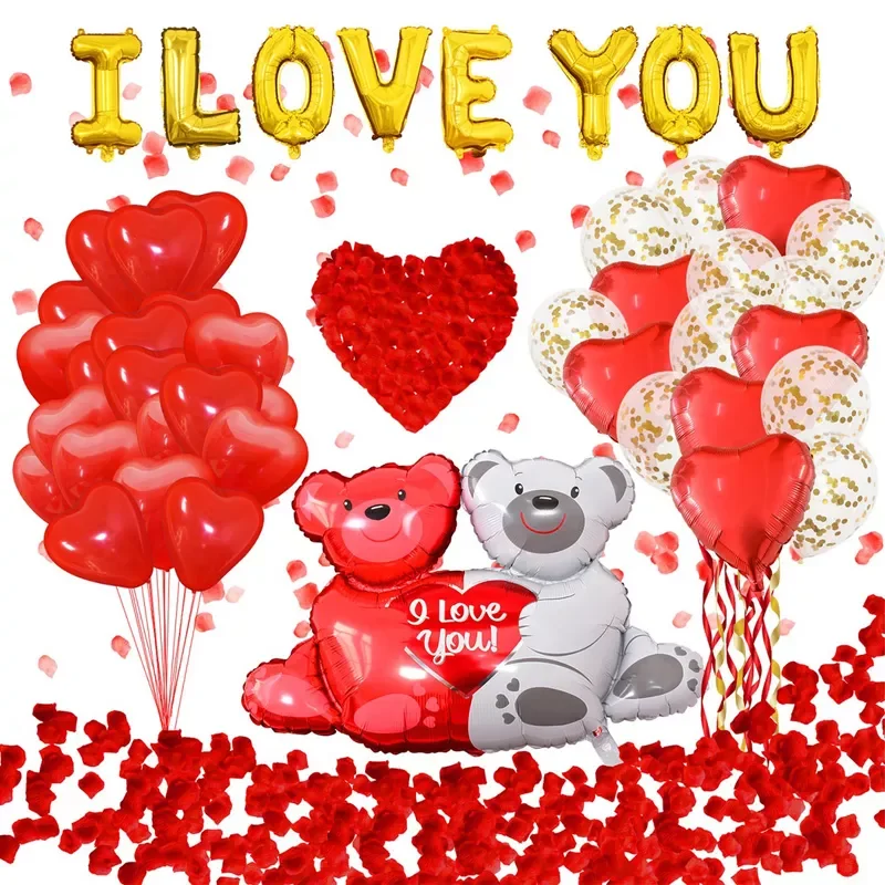 

Red Valentines Day Decor Balloon With I LOVE YOU Hug Bear Foil Balloons Silk Rose Petals Valentine's Day Decorations