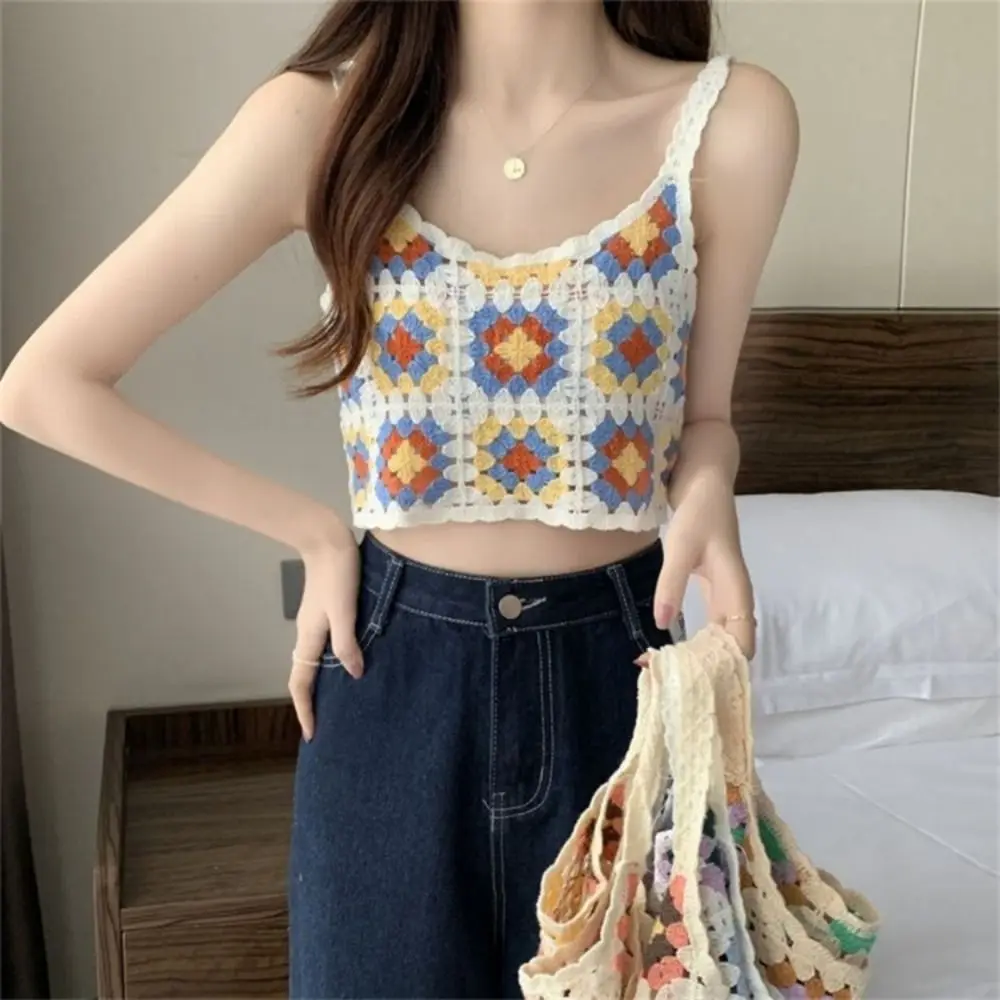 

Party Floral Print Short Lattice Hot Tops Slim Female Camisole Cotton Cardigan Embroidery Vest Crochet Crop Tops