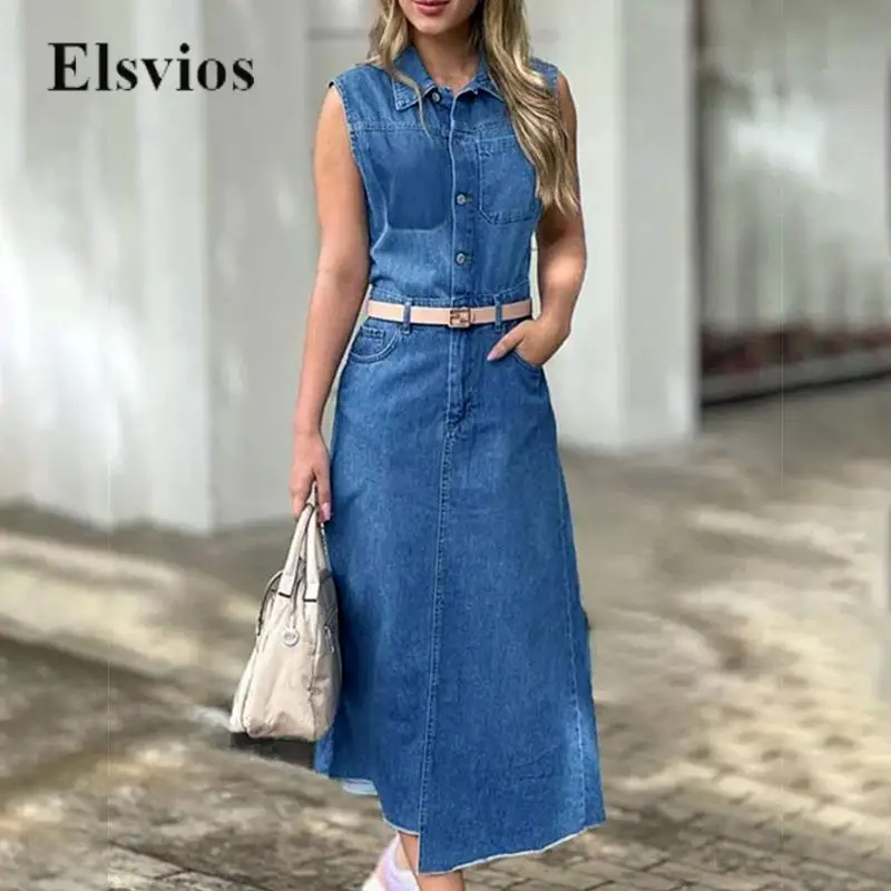 

Fashion Casual Sleeveless A-line Dress Women Turn-down Collar Vintage Denim Dress Office Lady Elegant Buttoned Pocket Long Dress