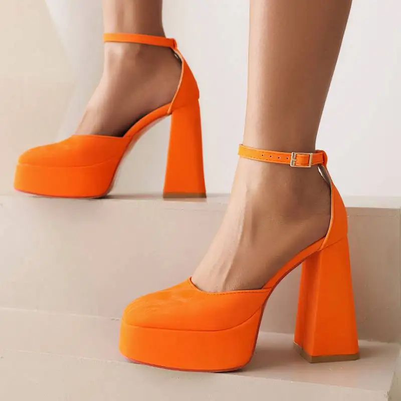 SIMLOVEYO Ladies Pumps Flock Toe Chunky Heel 12cm Platform 3.5cm Buckle Strap Sexy Party Shoes Size 41 42 43