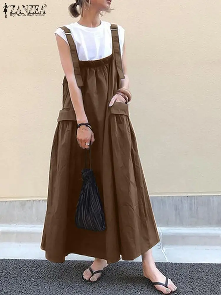

ZANZEA Elegant Fashion Casual Pockets Holiday Beach Dresses New Women Summer Solid Color Dress Sleeveless Square Collar Sundress