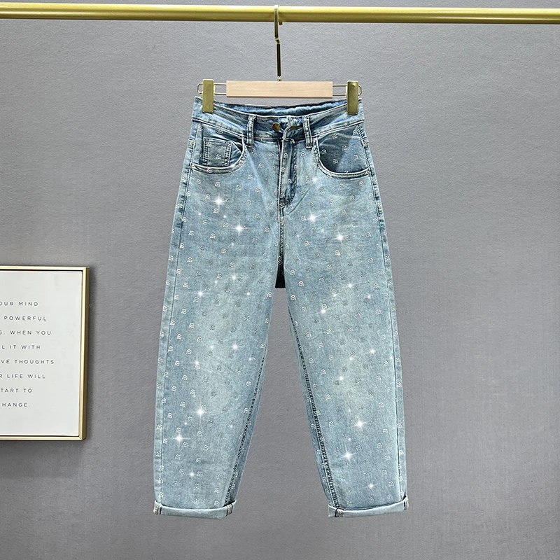 Cropped Jeans Women's Thin 2023 New Summer High Waist Loose And Slimming European Station Hot Rhinestone Short Harem Baggy Pants