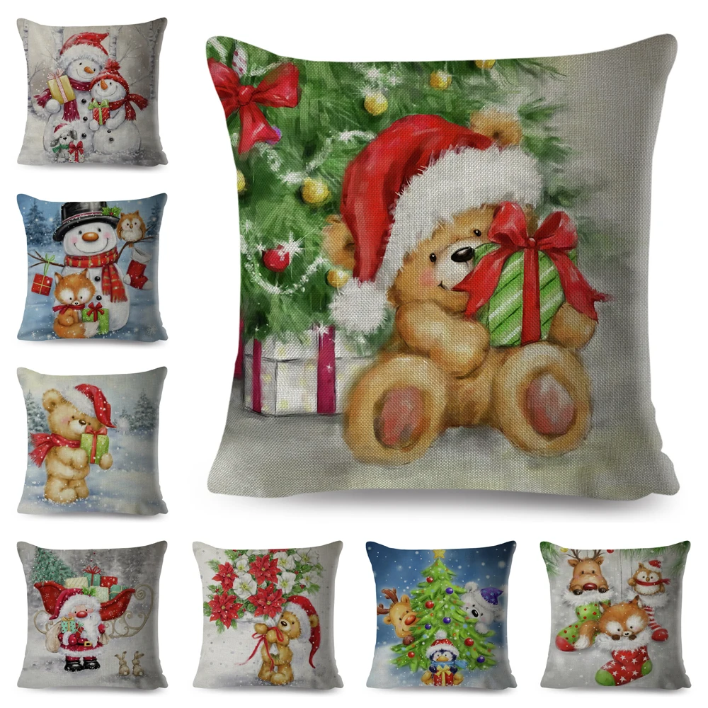 

Santa Claus Cushion Cover Decor Merry Christmas Cute Cartoon Animal Bear Pillow Case Polyester Pillowcase for Children Room Sofa