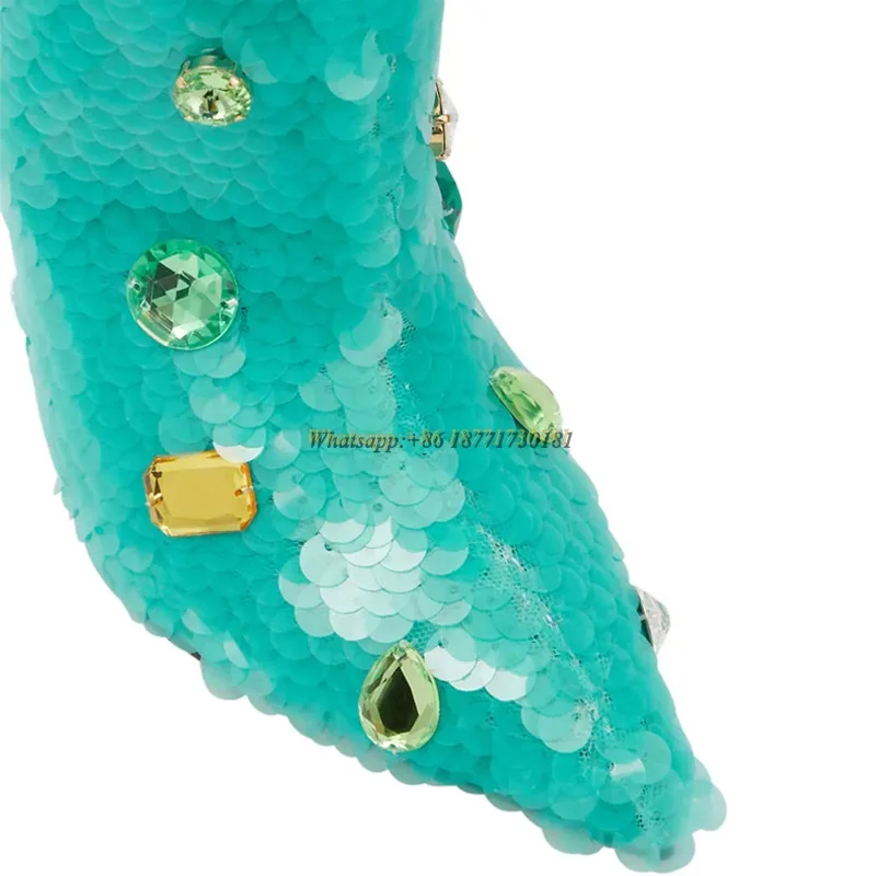 Green Gemstone Sequin Pointed Toe Stiletto Knee High Women's Boots Plus Size Runway Show Dancing Boots Spring Autumn Winter