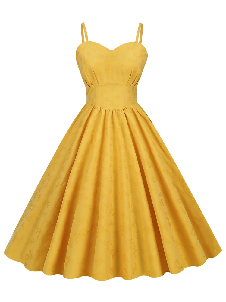

2023 Sweetheart Neck High Waist Ginger Solid Vintage Pleated Dresses for Women Spaghetti Strap Lace-Up Back Slim Elegant Dress