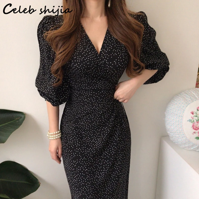 

Женское платье с пышными рукавами, элегантное черное облегающее платье в горошек с V-образным вырезом в уличном стиле, офисная одежда, лето ...