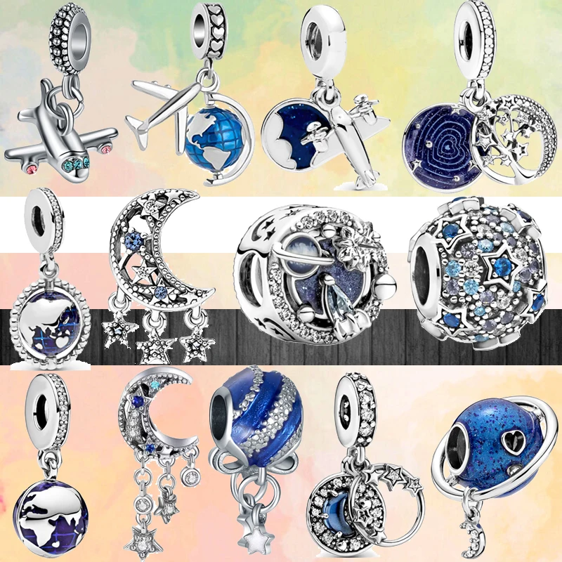 

New Blue Earth Stars Moon Airplane Space Galaxy Beads Fit Original Pandora Charms Silver Color Bracelet Women Jewelry DIY Making