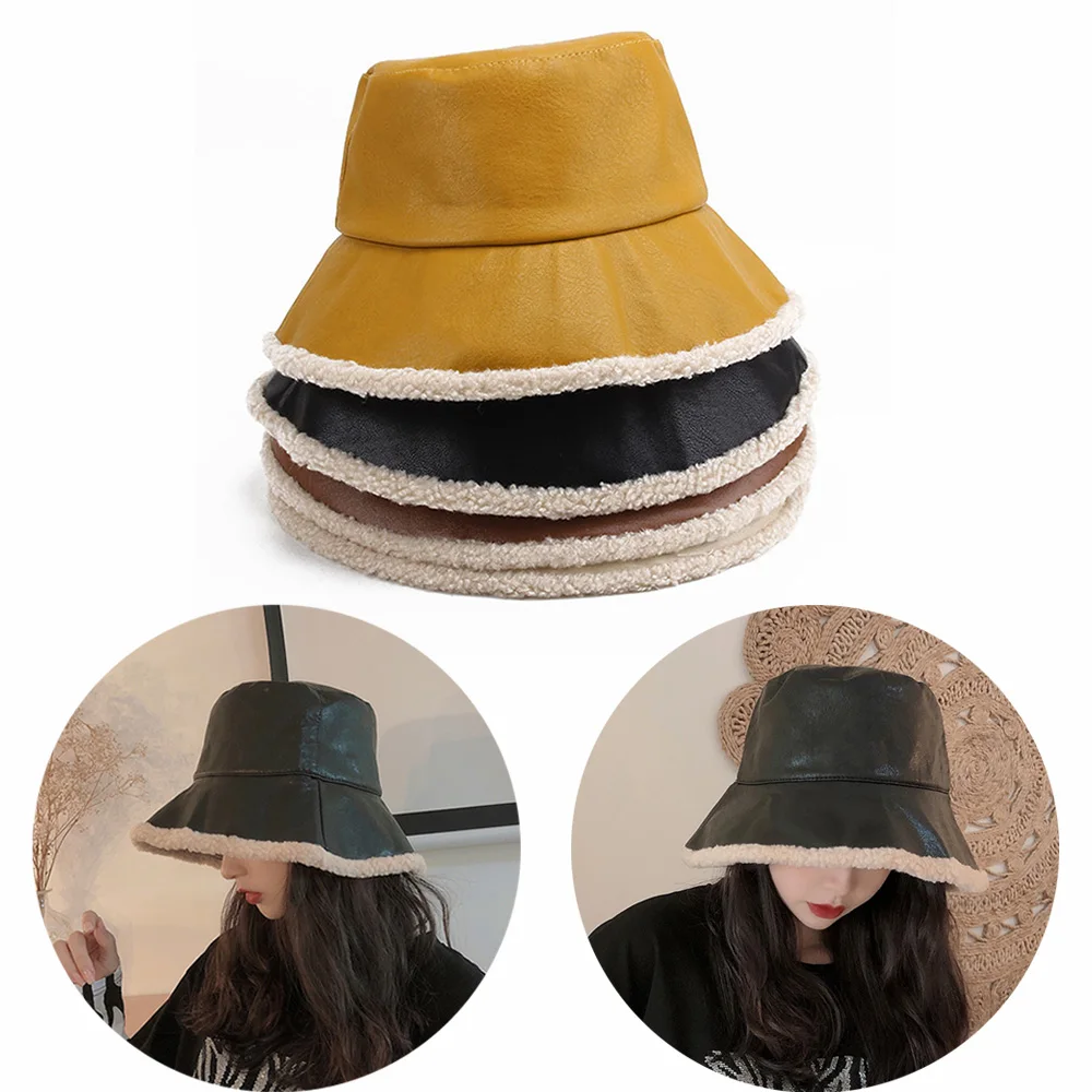 

Artificial Pu Winter Hat Women Thicken Warm Wool Bucket Hats Unisex Fashion Large Brim Panama Fisherman Caps Lady Tourism Hat