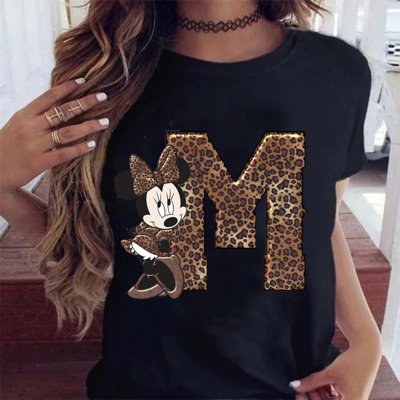 

Cute Mouse Font Leopard Letters A B C D E Tops Women's Custom Name Letter Combination Printing T-Shirt Short Sleeve Tshirt