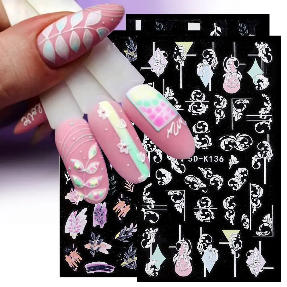 

Manicure DIY Summer French Design Acrylic Nail Stickers Flower Leaves Black White 5D Engraved Embossed