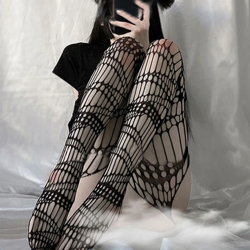 

Women Goth Punk Sexy Fishnet Pantyhose Lingerie Hollow Out Striped Jacquard Sheer Mesh Tights Harajuku Suspender Thigh High