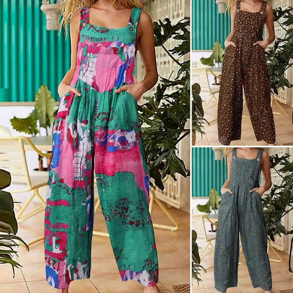 

Summer Fashion Leopard Print Women Jump Suit Shoulder Straps Pockets Wide Leg Bohemia Patchwork Print Loose Romper for Vacation