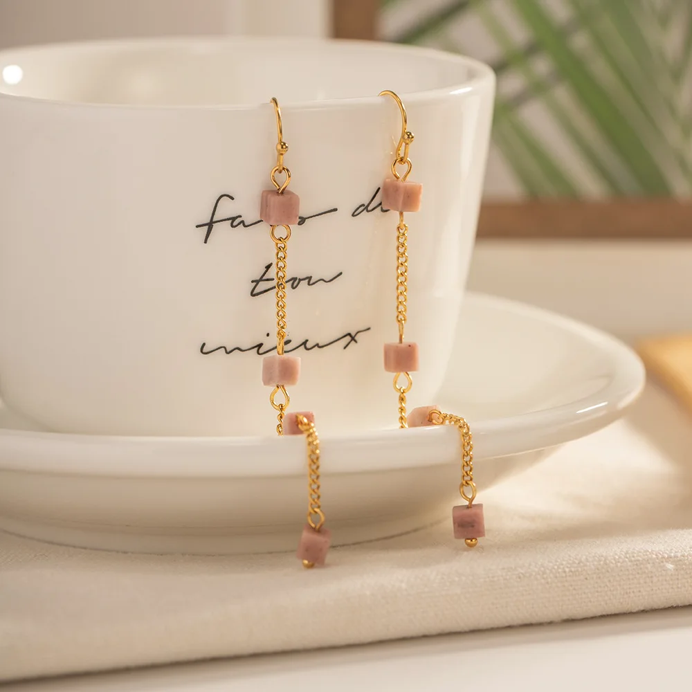 

316L Stainless Steel Bohemian Square Fuchsia Stone Pendant Tassel Earrings For Women Jewelry Gifts