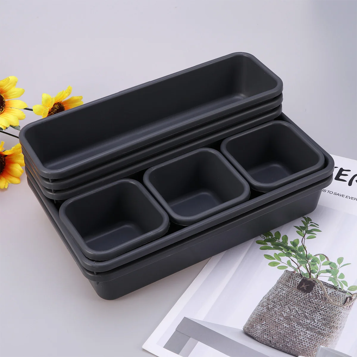 

8 в 1 Настольный ящик для хранения, ящик для организации пространства, пластиковый ящик для хранения, посуда, предметы домашнего обихода (черный)