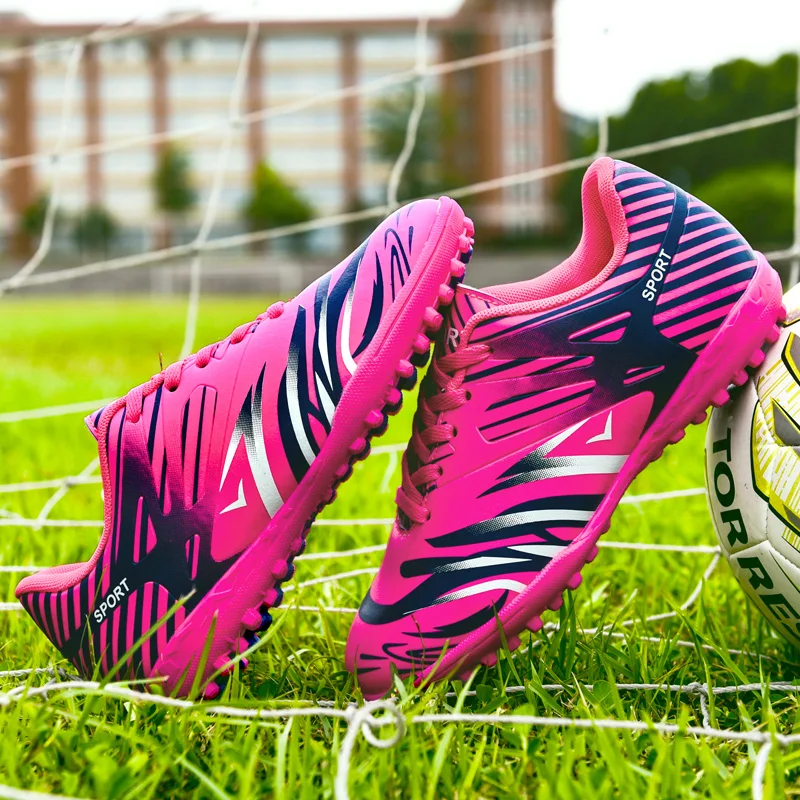 New Orange Printed Kid Indoor Soccer Shoes Cleats Turf Football  Boots Boy Green Long Spike Men Football Training Shoes Children