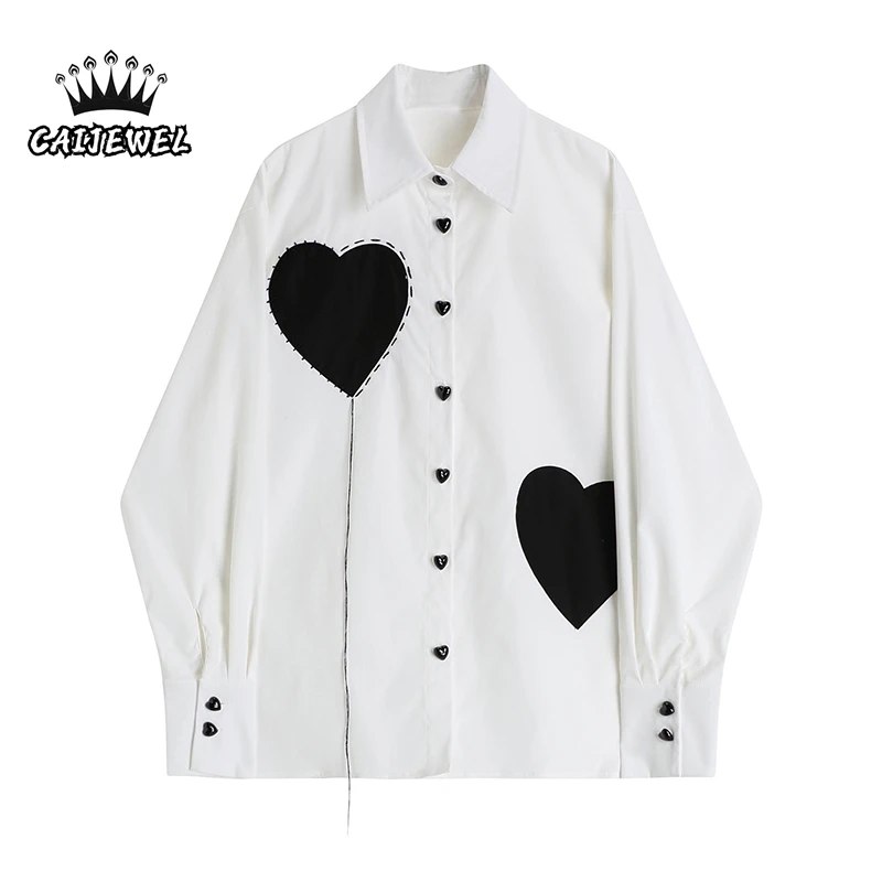 

Women's White Casual Blouse Polo Collar button Black Love Printing Long Sleeves Korean Fashion Baggy Spring Ladies Blouse Tops