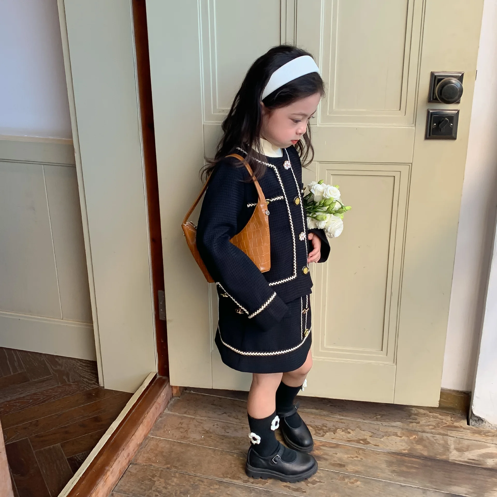 

2022 Sets Coat Skirt O-neck Collar Full Sleeve Single Breasted Elastic Waist Knee Length Fashon Elegant Autumn Children Girls