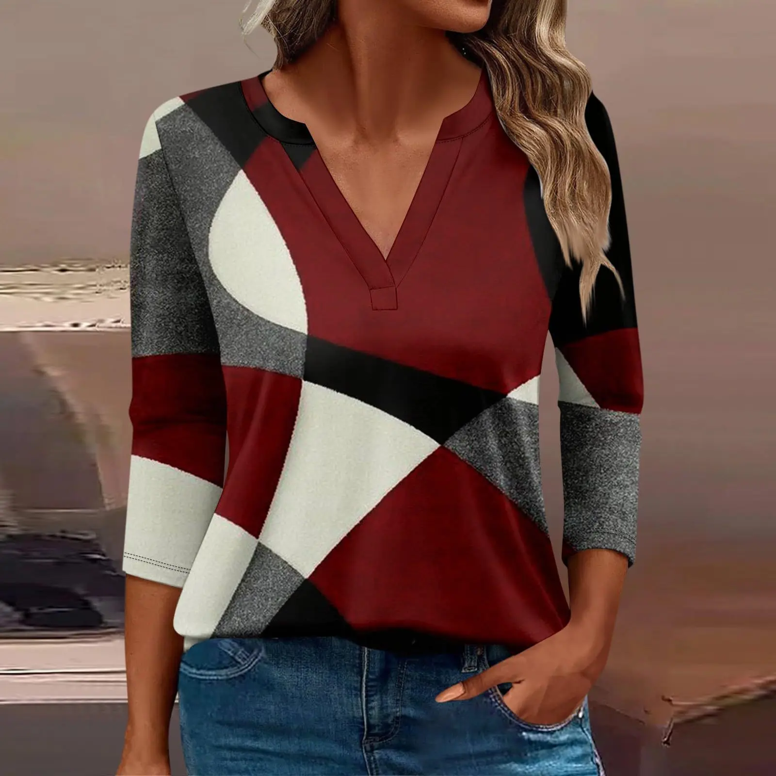 Модная женская футболка с v-образным вырезом и тремя четверками длинным рукавом