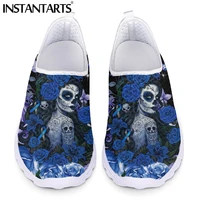 instantarts day of the dead gothic girl with floral breathable air mesh sneakers slip on flat shoes loafers for women zapatos