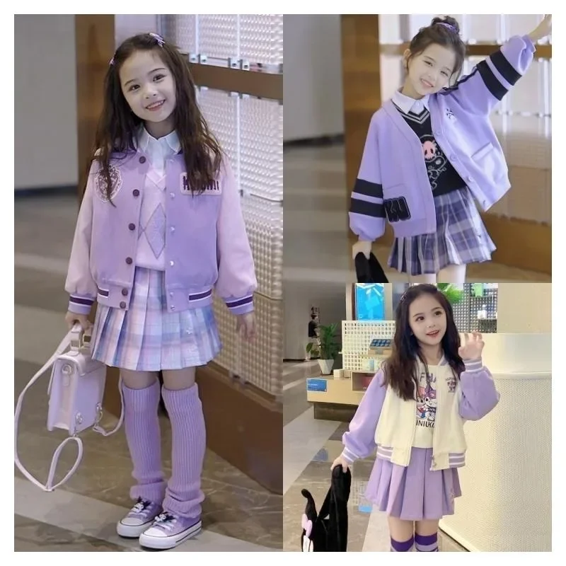 

Sanrios Kuromi Children Baseball Uniform Pants Pleated Skirt 2-piece Set Cartoon Girls Coat Long Sleeve Shirt Skirt 3-piece Set