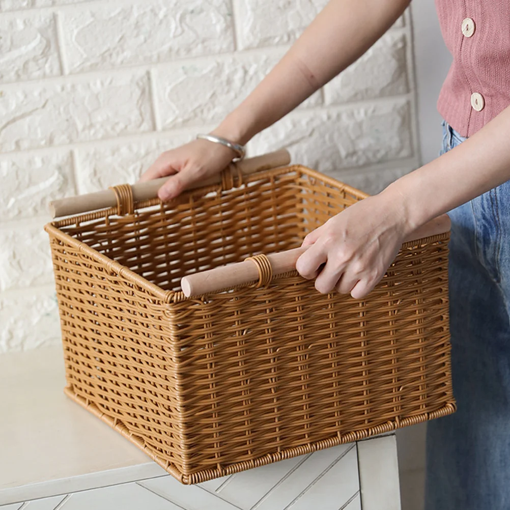 

Rattan Woven Storage Bin Sundries Basket Cupboard Home Organizer Desktop Container Plastic