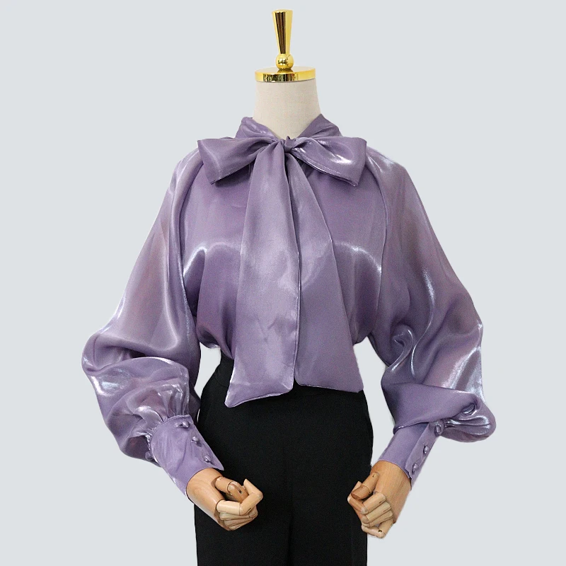 

Vintage Elegant Bow Blouse Women Long Lantern Sleeve See Through Shining Shirts Spring Autumn Loose Tops Blusas Mujer