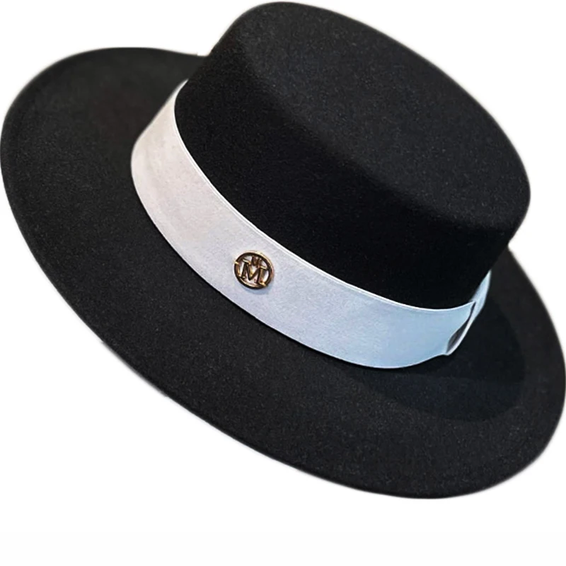 

New Women's flat top hat hat beach fedoras elegant chapel Girl panama hat fascinator Wedding picture felt Wool Hat Billycock hat