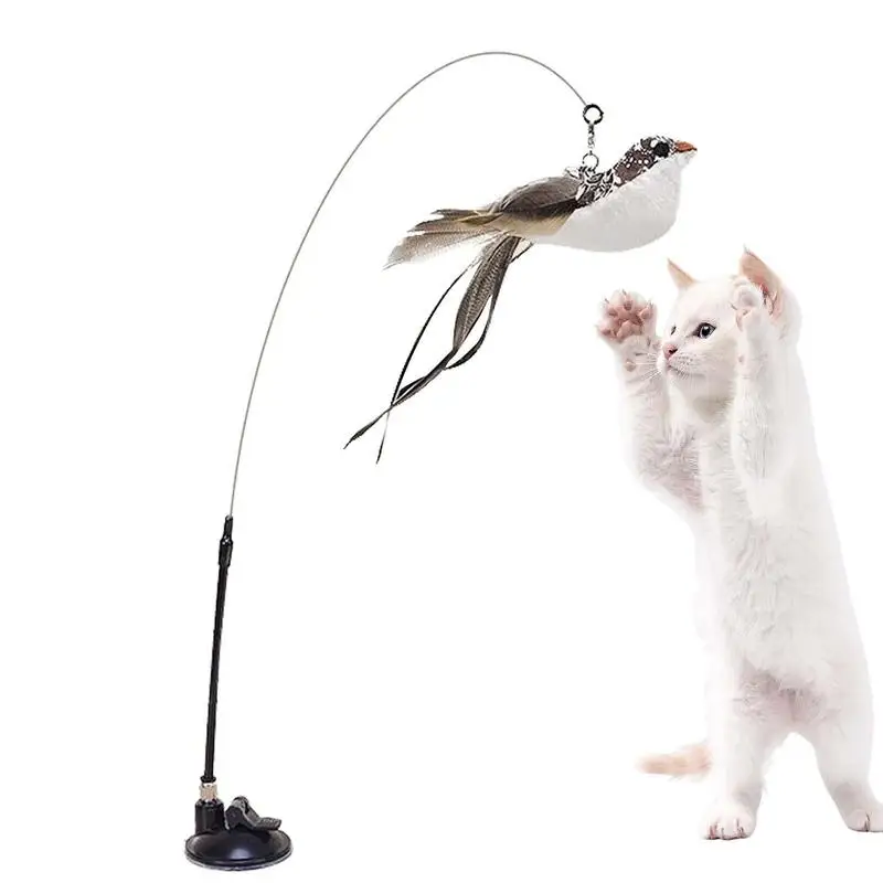 

Feather Cat Teaser Steel Wire Long Rod Feather Cat Wand Teasing Stick With Bell Powerful Suction Cup Pole Cats Toy Pet Products