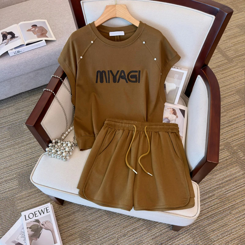 

New 2023 Solid Fashion Two Piece Summer Letter Cotton Student Slim Korean Short Sleeve Shorts Casual Sports Set for Women