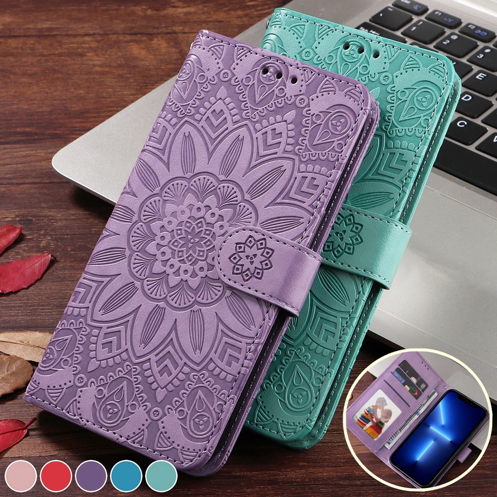 

S8 S9 S10 Flip Case for Funda Samsung Galaxy S22 Ultra S21 Plus S20 FE 5G Cases Sunflower Leather Wallet Phone Back Cover Women