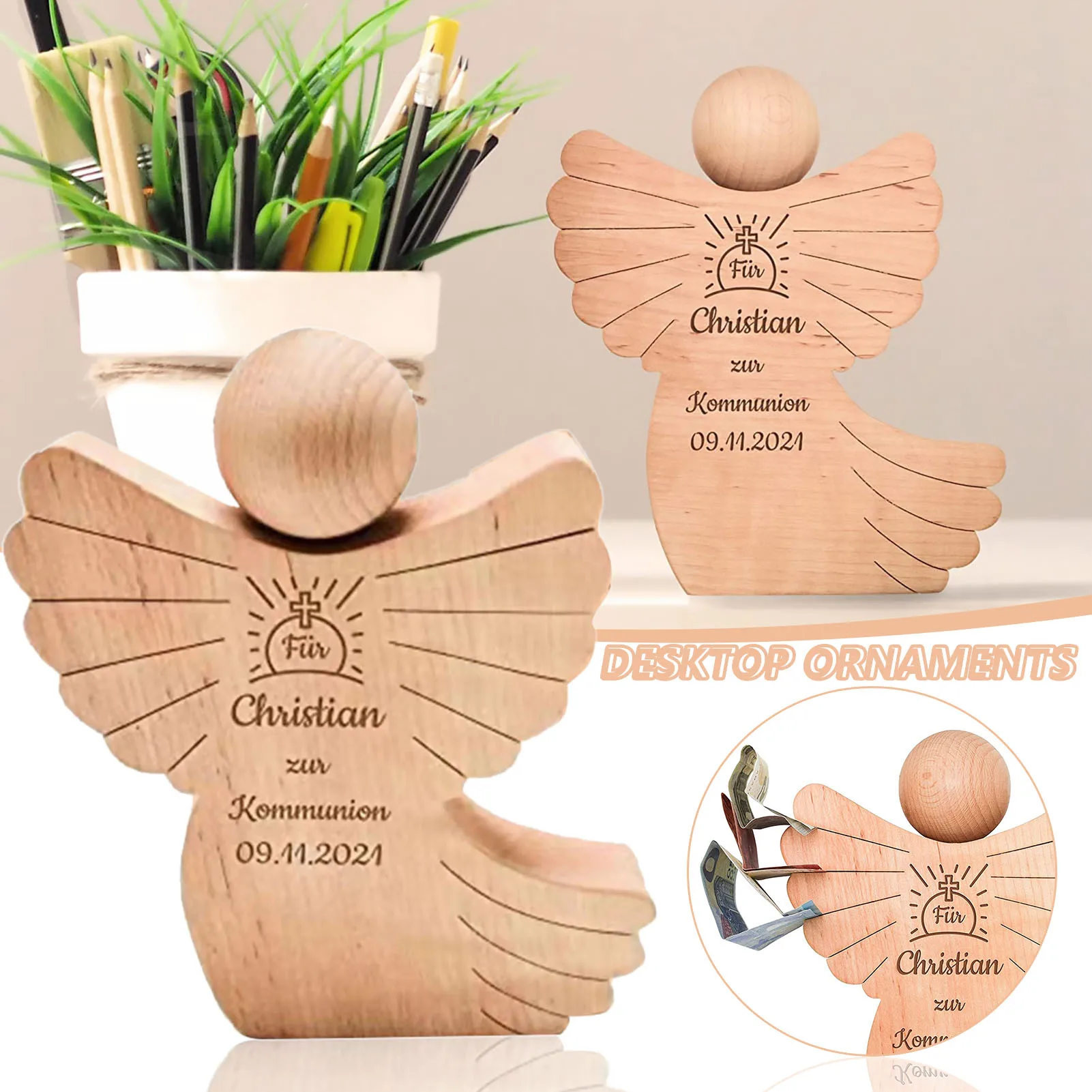 

15cm Wooden Engraving Boy Angel Statue Desktop Ornament Home Decoration Personalised Communion for Christening