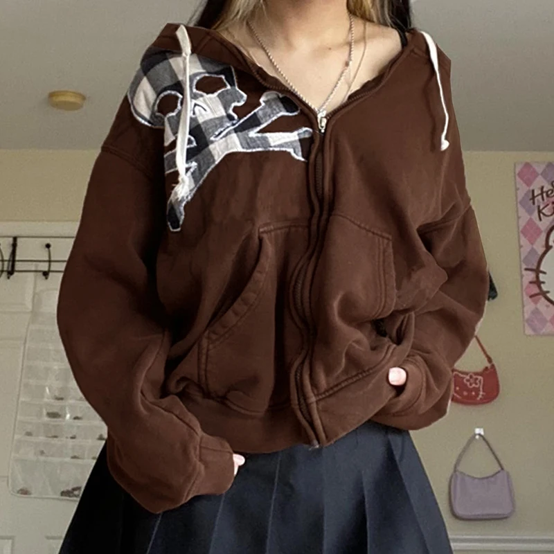 

Preppy Mall Goth Skulls Patched Sweatshirts 90s Vintage Brown Autumn Coats Harajuku Grunge Y2K Aesthetics Zip Up Hoodies Clothes