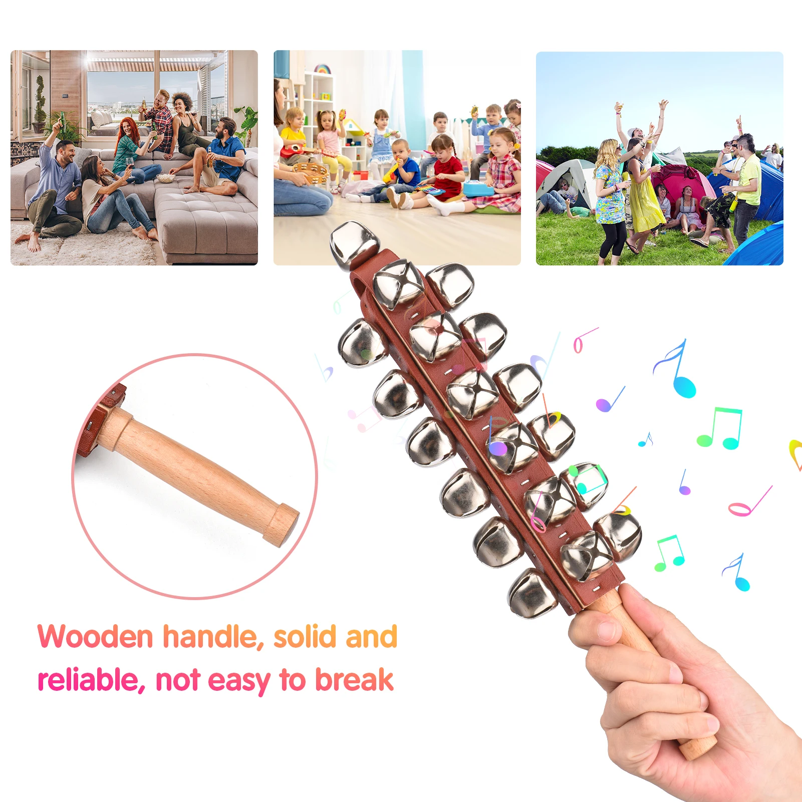 

Hand Jingle Bells Hand Sleigh Bells Wooden Shaker Jingle Bells Stick Musical Percussion Instrument Bells for Holiday Christmas