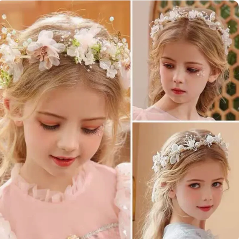 

Princess Girls Garland Flowers Crystal Headwear Fashion Shown Wedding Accessories Cinderella Beautiful Hairbands Vintage Mesh