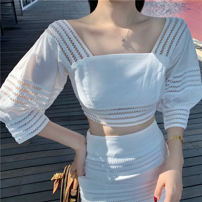 

Clothland Sexy White Lace Crop Top Suit Two Piece Set Back Bow Tie Sashes Short Top Midi Skirt Summer Chic Set TZ231