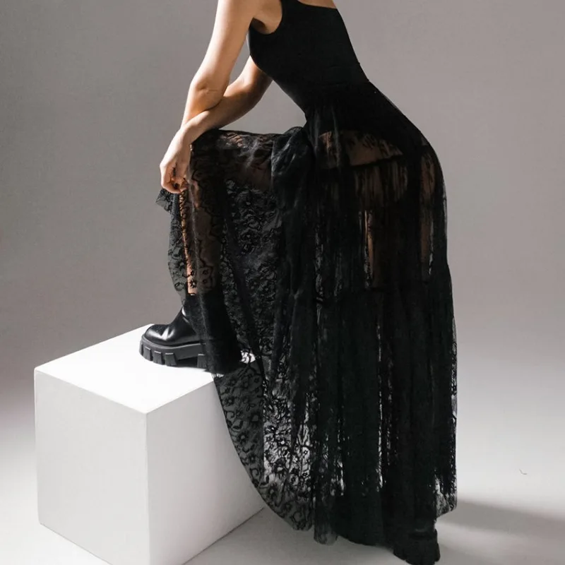 Женская длинная юбка с высокой талией однотонная кружевная юбка-макси широкой